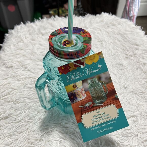 The Pioneer Woman Cassie Mason Jar Drinking Glass with Lid & Straw 32 OZ NWT - Picture 1 of 6